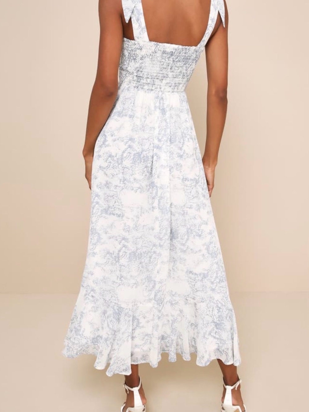 Lulu's Summer Invite White and Blue Toile Tie-Strap Tiered Midi Dress - Picture 2 of 7
